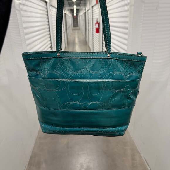 Coach Ltd Ed Ella Teal Patent Leather LG Carryall Crossbody  Coach Teal Patent Leather Signature Tote Bag Y2K Shoulder Purse